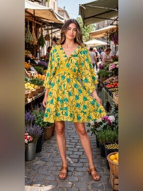 Reverse Yellow Mini Dress with Teal Floral Motif Size Medium